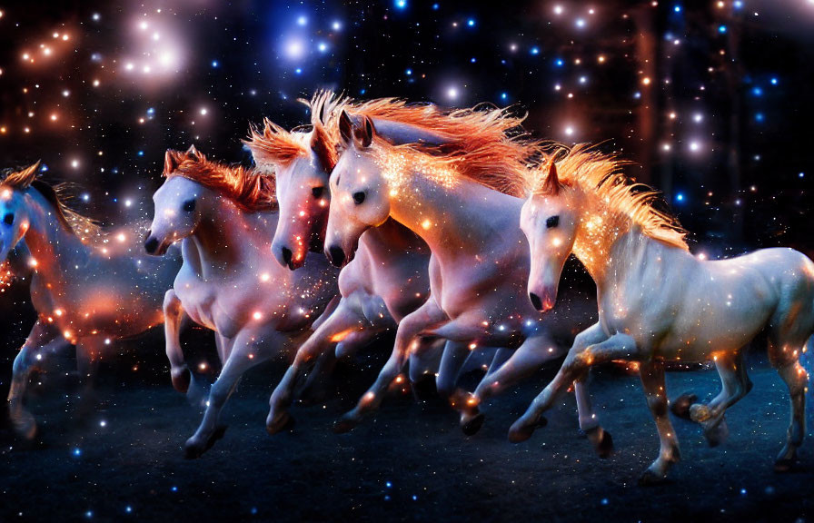 Ethereal glowing horses galloping in cosmic scenery