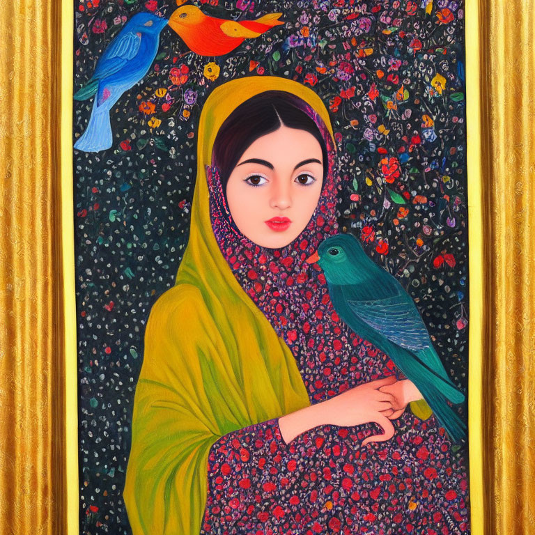 Detailed painting of woman in floral dress holding green bird, surrounded by colorful birds and intricate floral background in