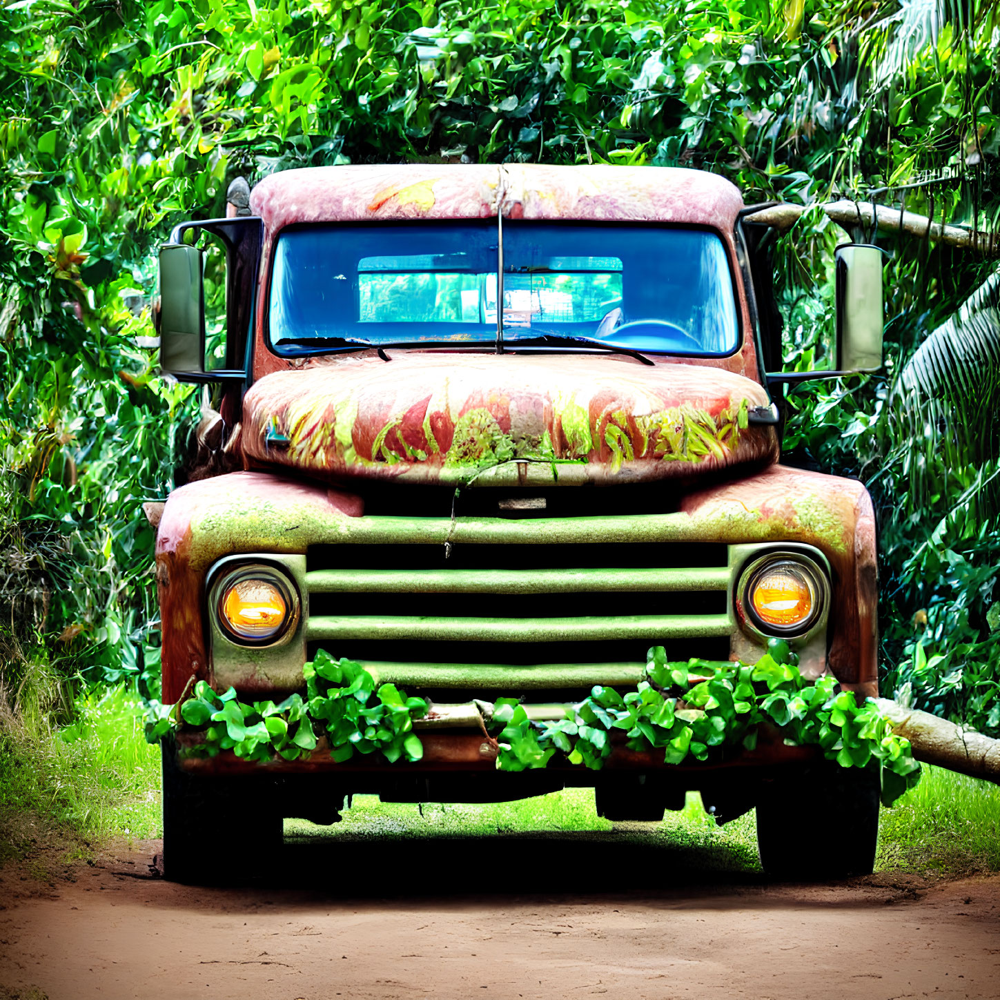 Abandoned rusted truck reclaimed by lush greenery