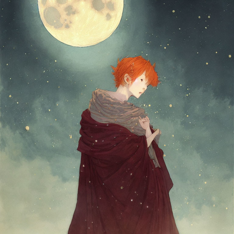 Illustrated figure with orange hair in maroon cloak under starry sky with moon.