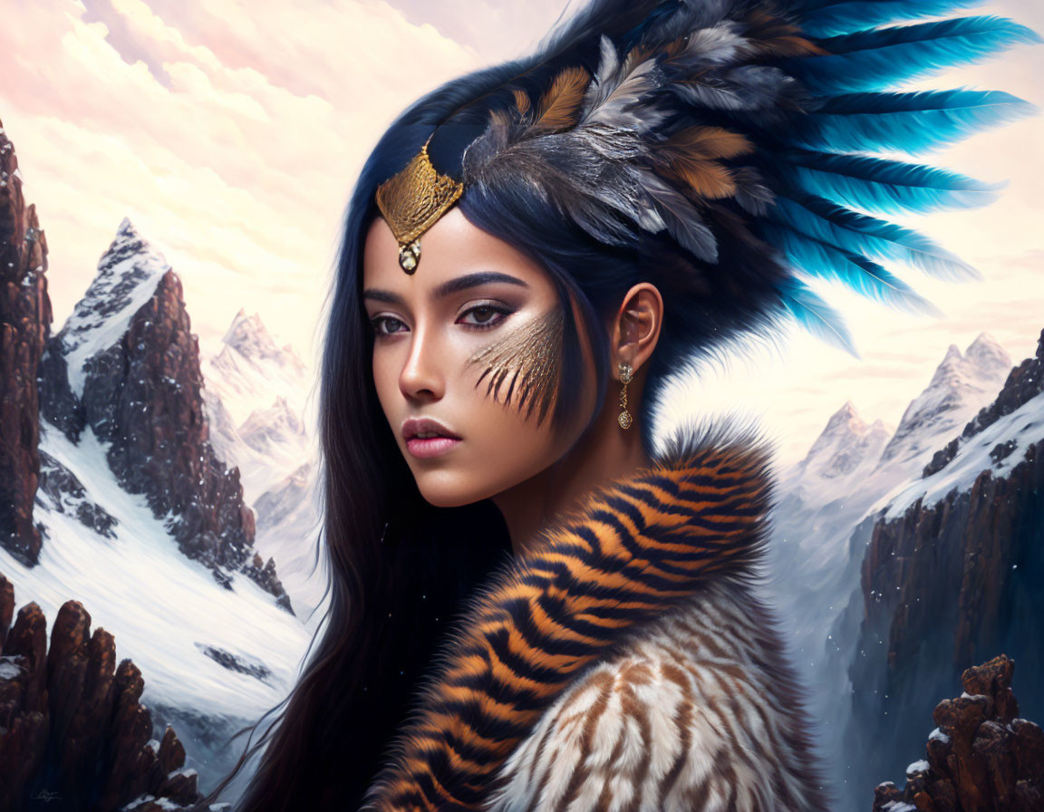 Woman with tribal makeup and feathered headdress in snowy mountain landscape