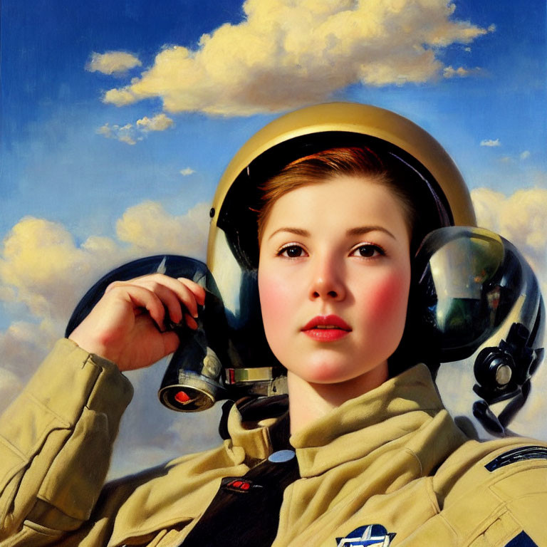 Vintage-style illustration: Young woman in pilot's helmet and flight suit against cloudy sky.