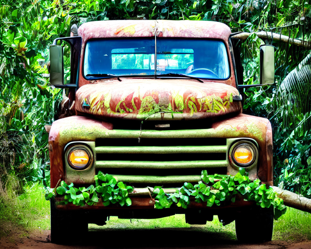 Abandoned rusted truck reclaimed by lush greenery