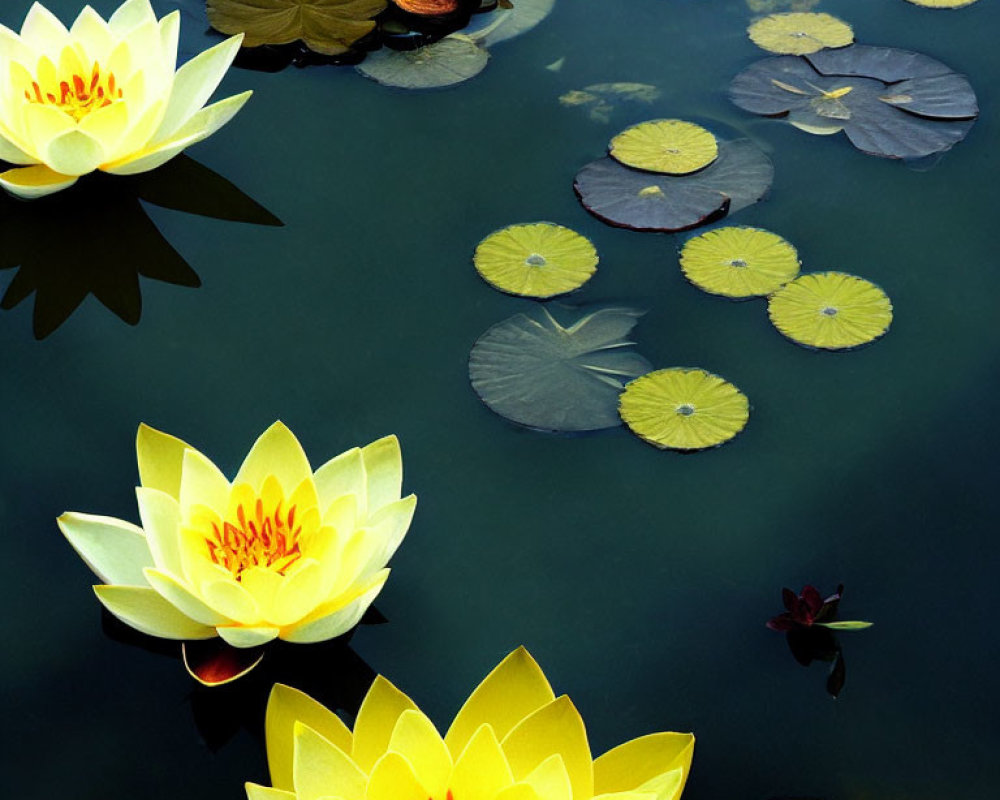 Vibrant Yellow Water Lilies and Green Lily Pads on Dark Water