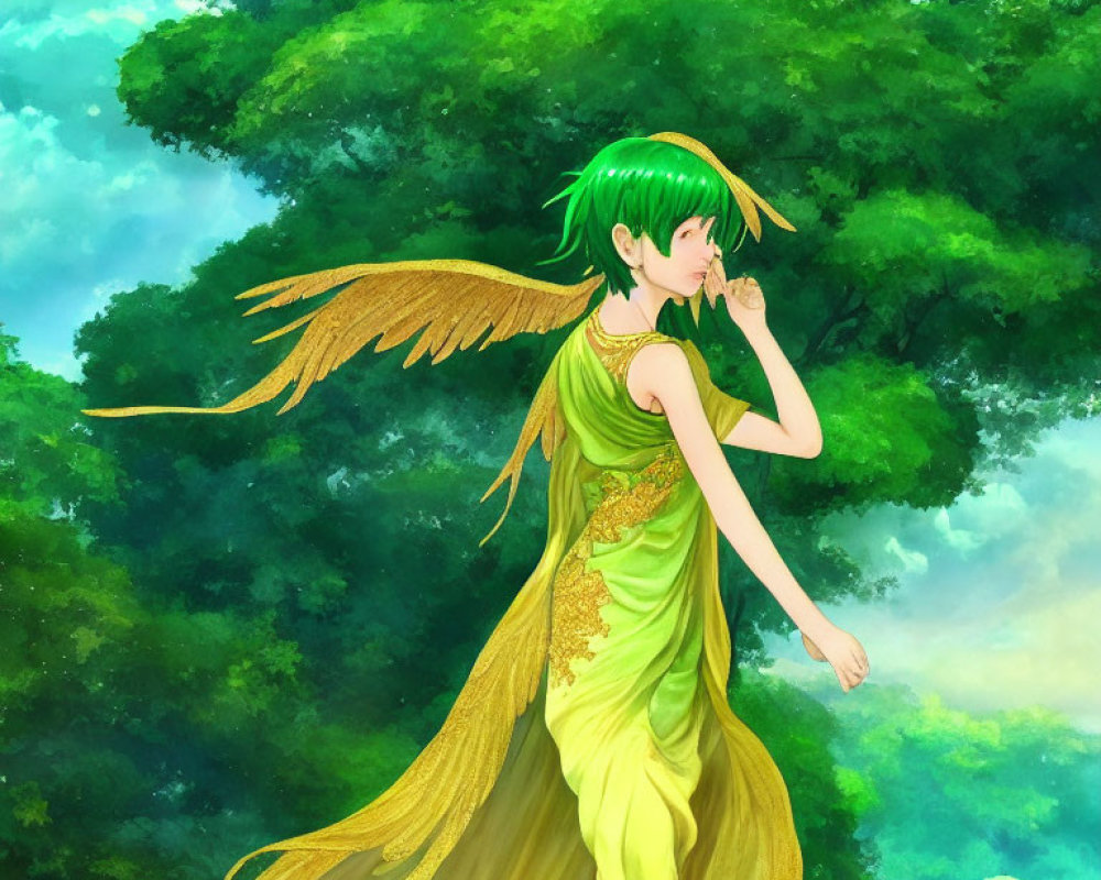 Green-haired winged character in yellow gown in lush forest setting