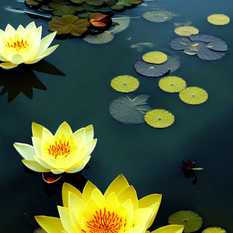 Vibrant Yellow Water Lilies and Green Lily Pads on Dark Water