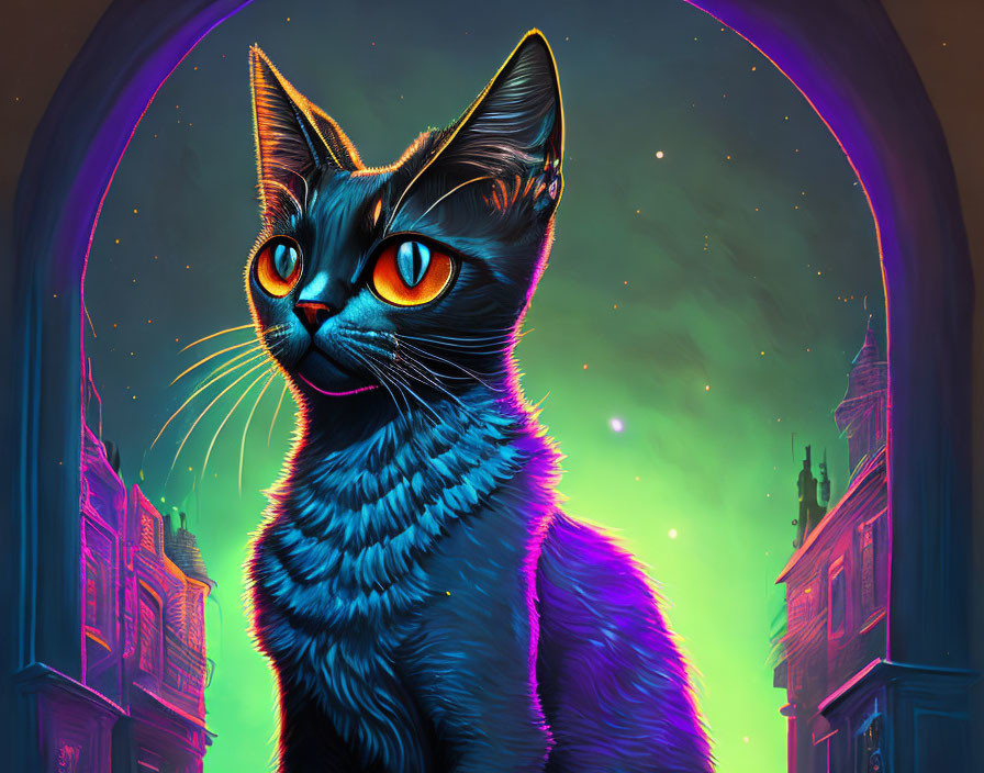 Colorful illustration of black cat with glowing eyes in neon-lit cityscape