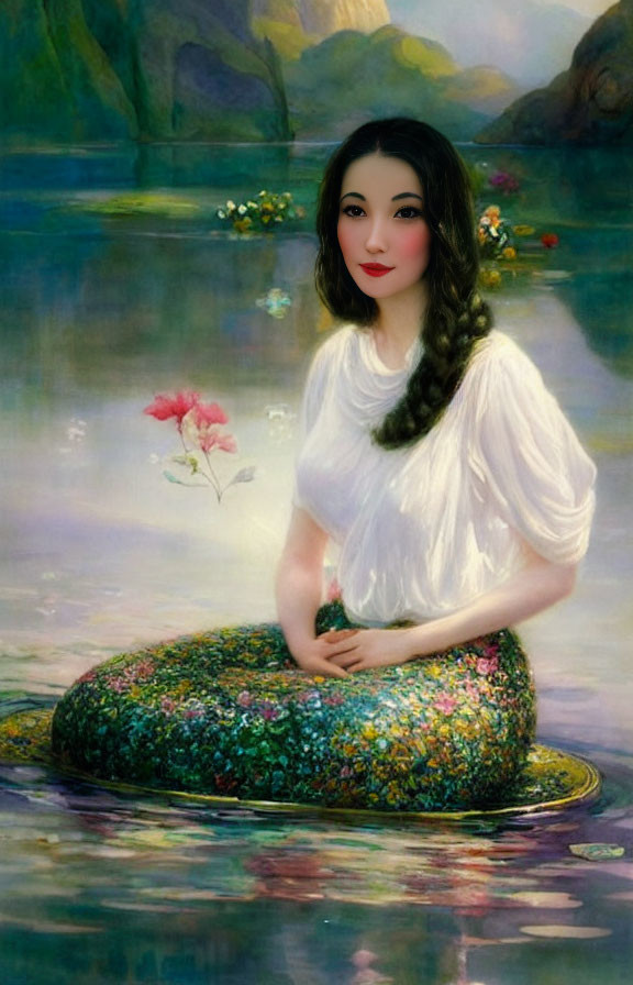 Woman with Long Braid Sitting on Floral Stone in Moonlit Waterscape