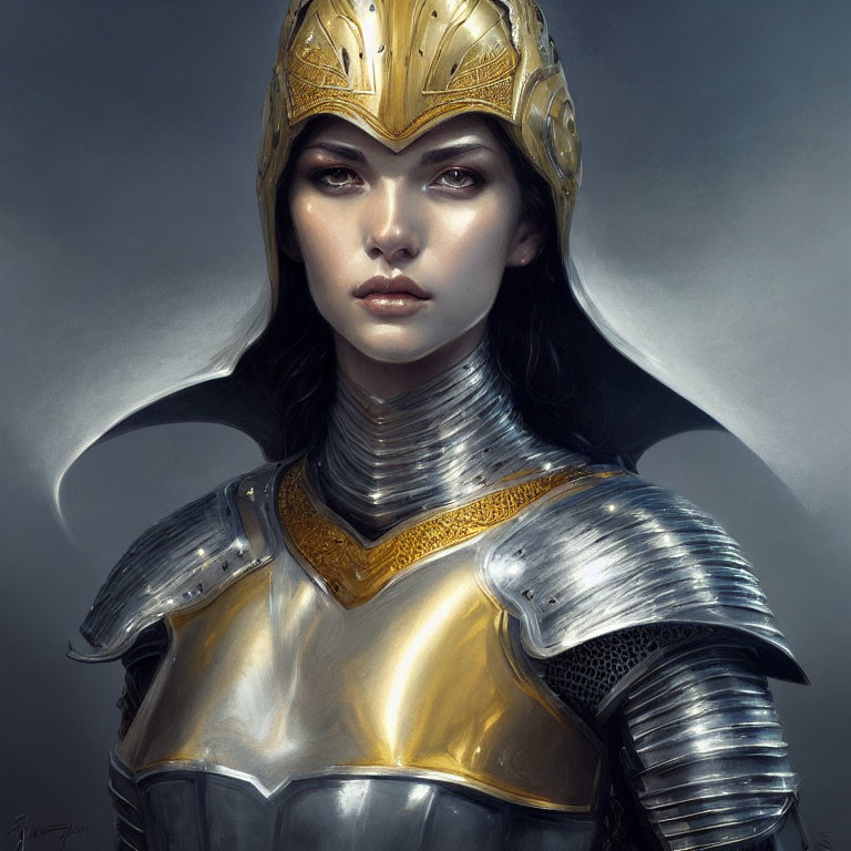 Detailed digital portrait of a woman in ornate medieval armor with decorated helmet.