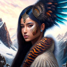 Woman with tribal makeup and feathered headdress in snowy mountain landscape