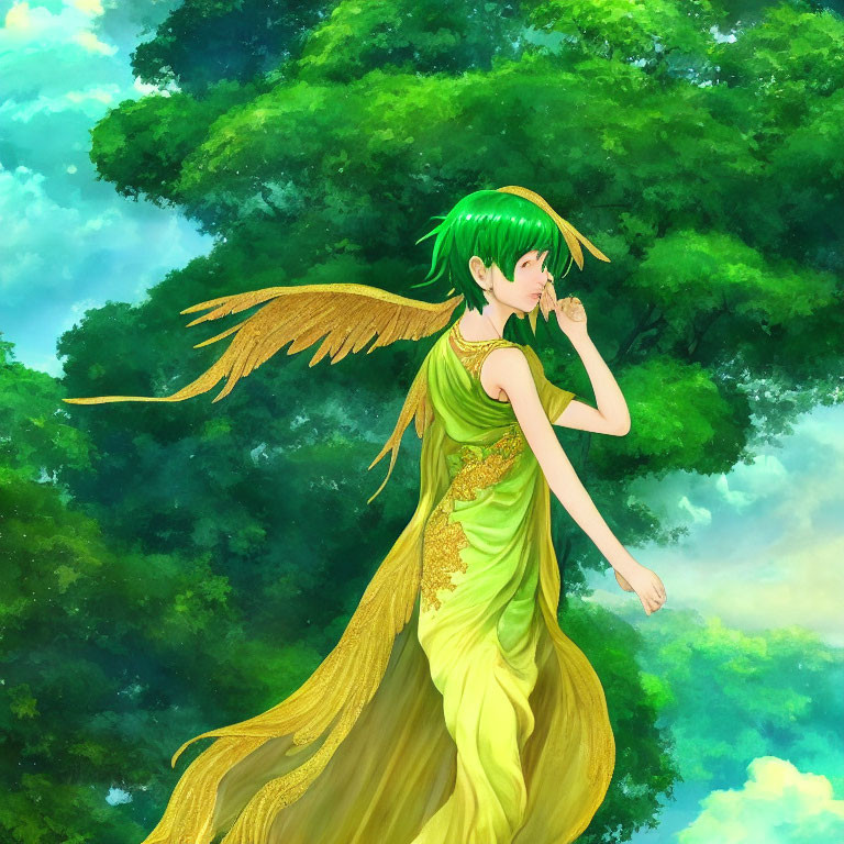 Green-haired winged character in yellow gown in lush forest setting