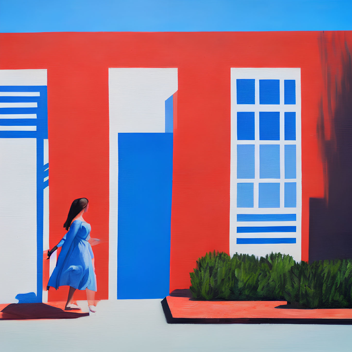 Woman in Blue Dress Walking Past Vibrant Red Wall with Abstract Blue and White Designs