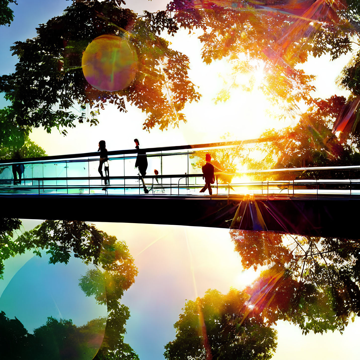 People walking on modern glass bridge at sunset.