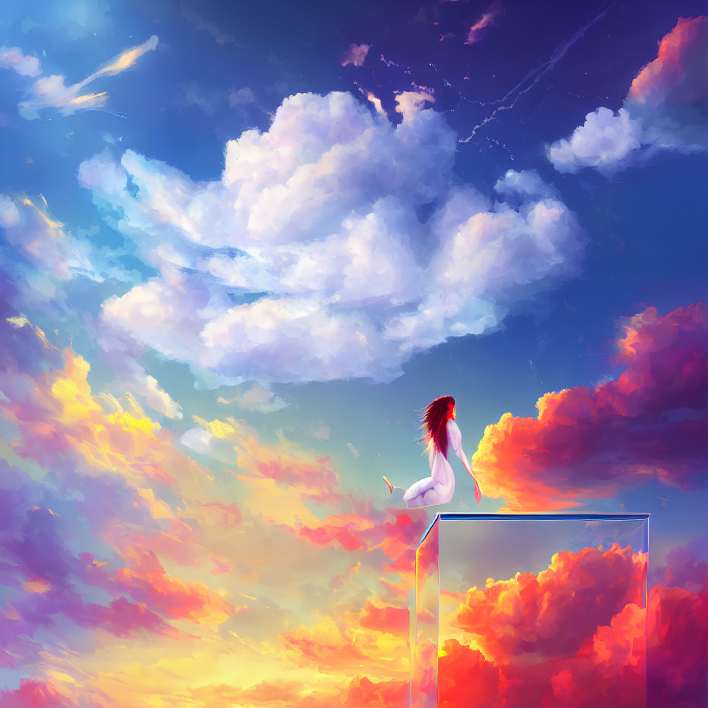 Red-Haired Person Sitting on Transparent Ledge Under Vibrant Sky