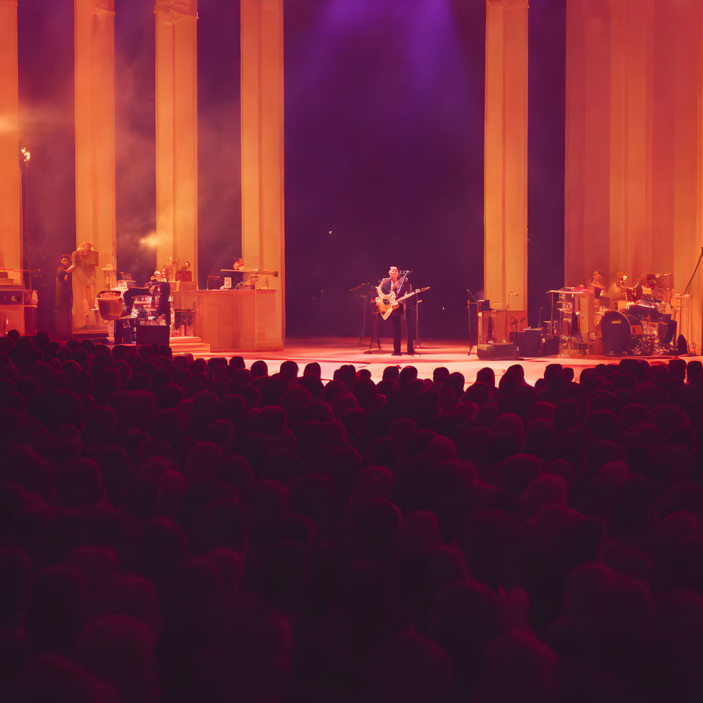 Solo guitarist on warmly lit stage with columns, audience facing away