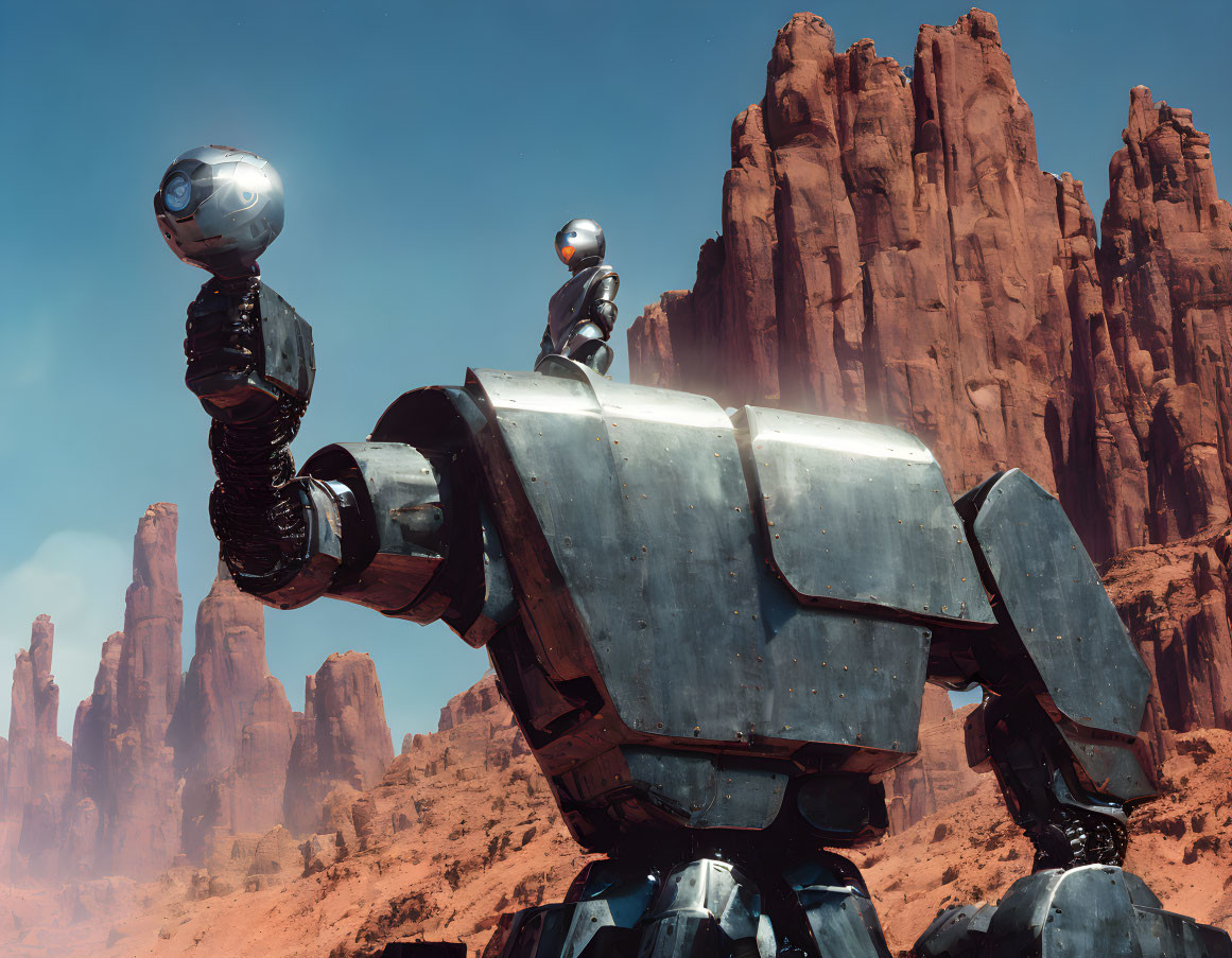 Metallic robot and humanoid figure against red rock formations