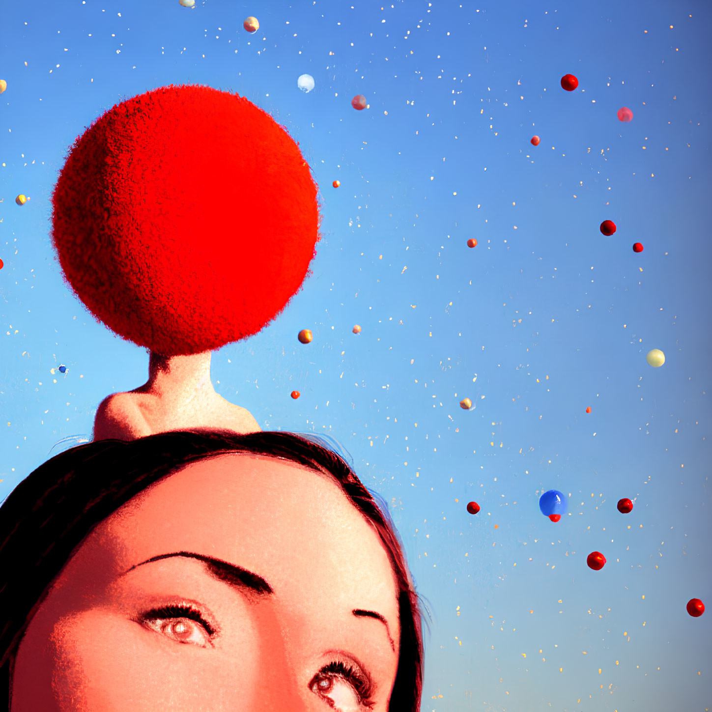 Person balancing large red sphere on head against vibrant blue backdrop with floating multicolored spheres.