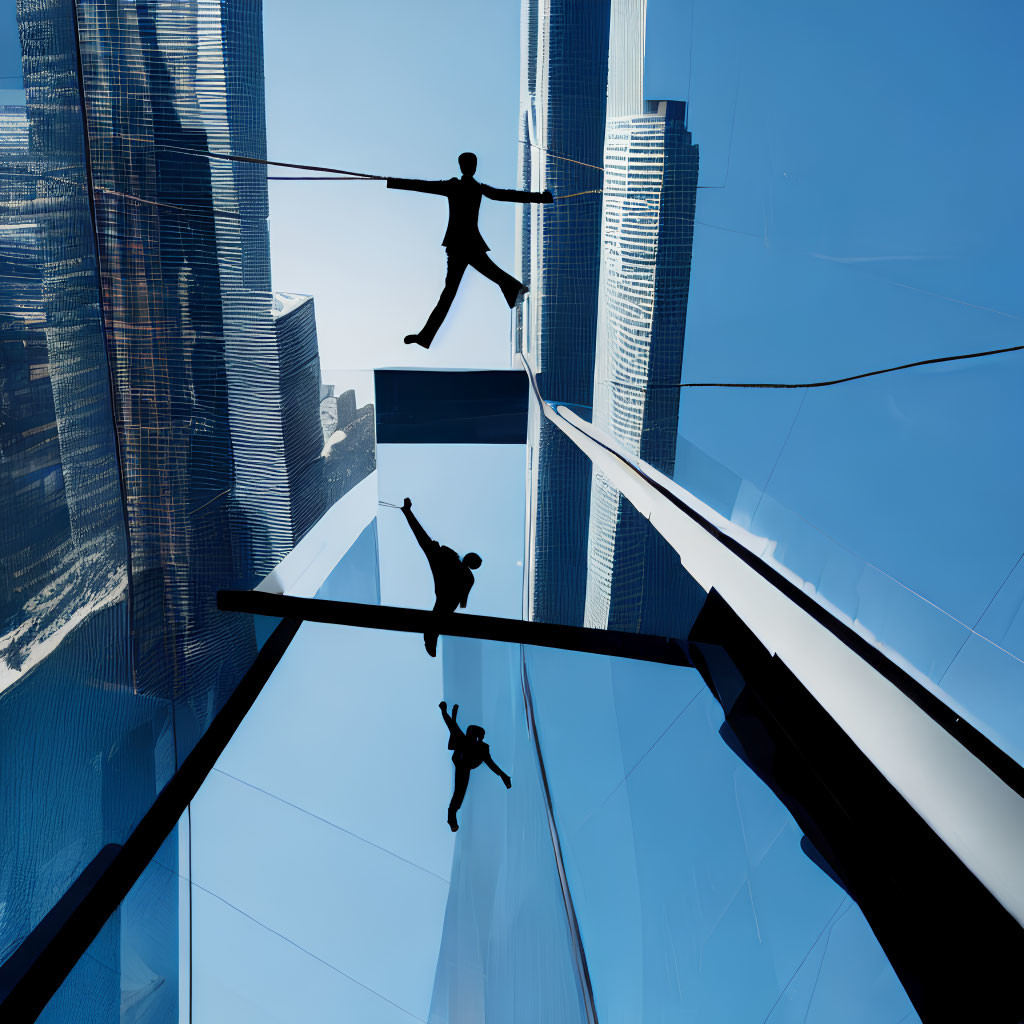 Silhouetted figures tightrope walk between skyscrapers on blue sky