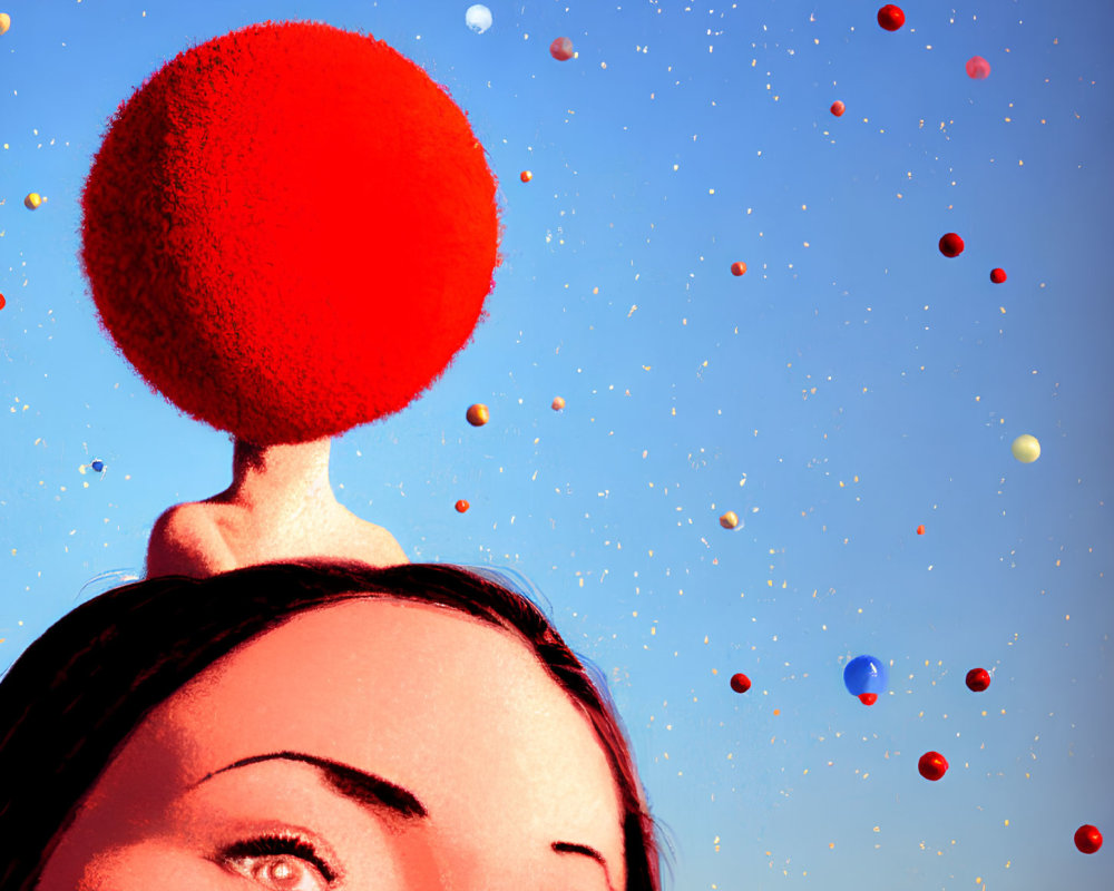 Person balancing large red sphere on head against vibrant blue backdrop with floating multicolored spheres.