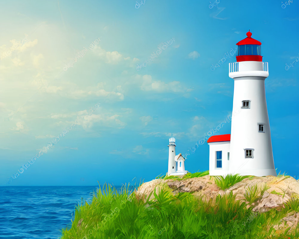 White Lighthouse with Red Cap on Coastal Cliff Illustration