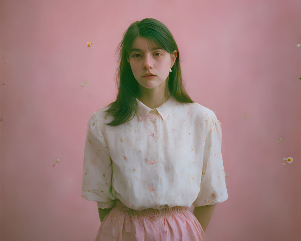 Young woman with dark hair in floral outfit against pink background