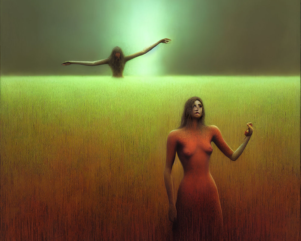 Surreal green field with stylized figures holding apple