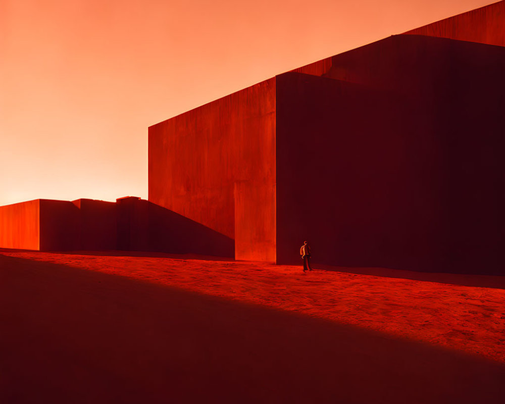 Solitary Figure by Massive Red Walls under Orange Sky