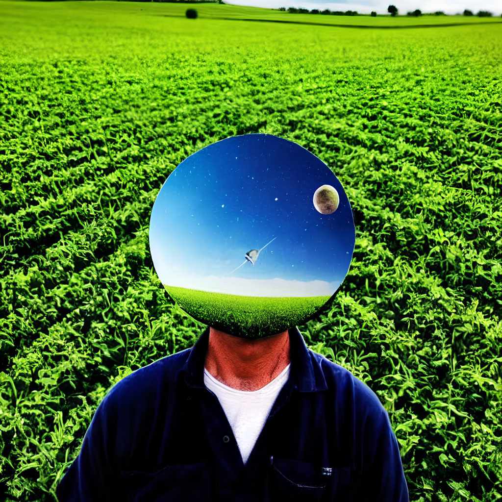 Person in green field with circular nighttime scene head