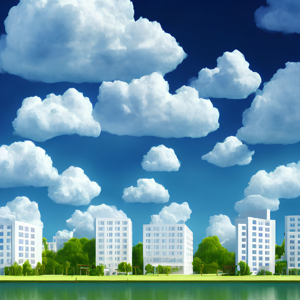 Tranquil lakeside scene with white apartment buildings under blue sky