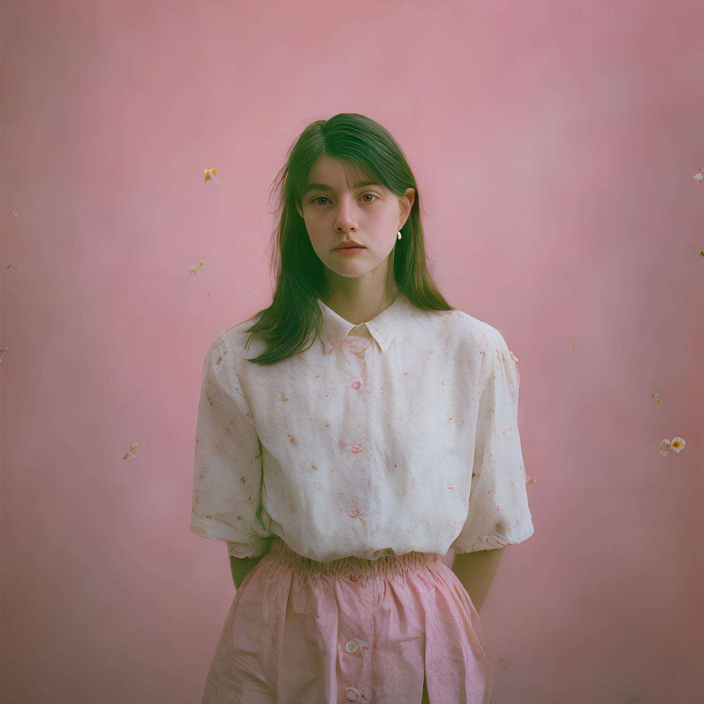 Young woman with dark hair in floral outfit against pink background