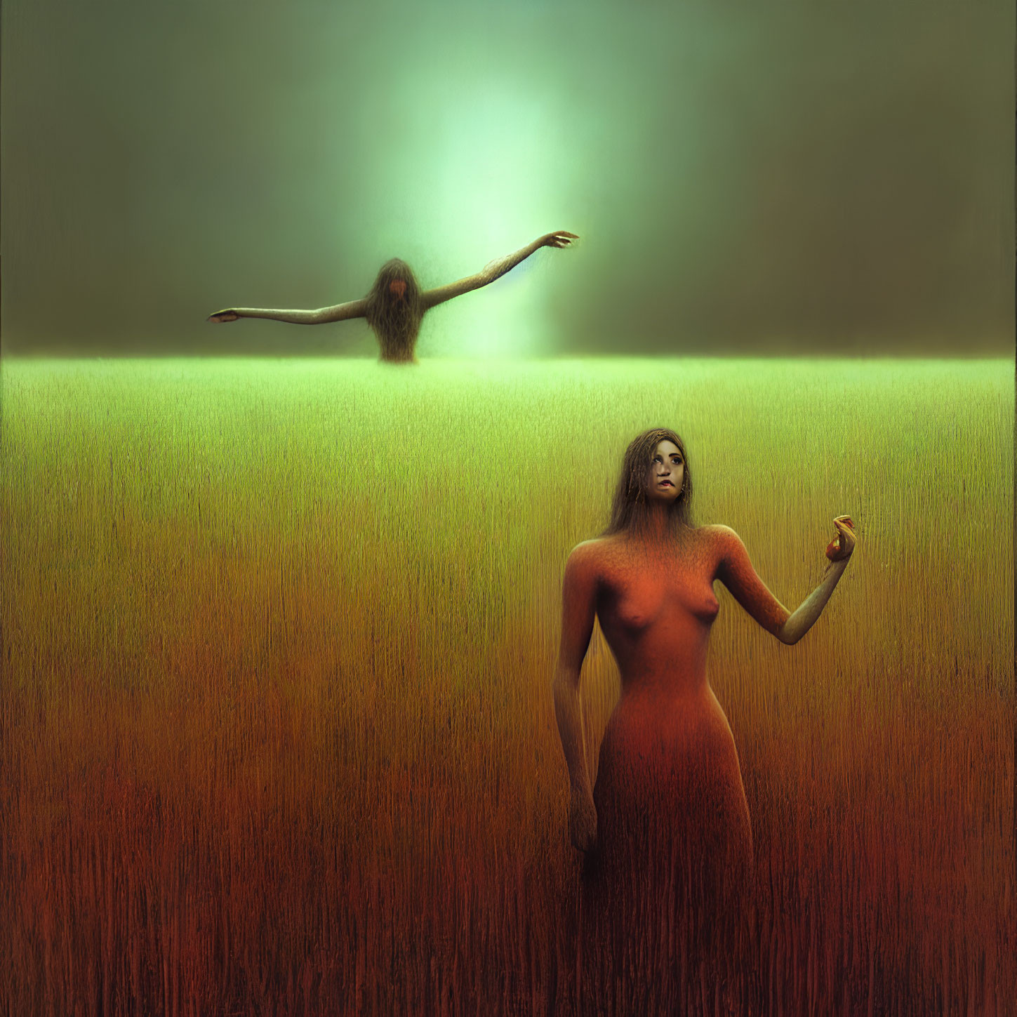 Surreal green field with stylized figures holding apple