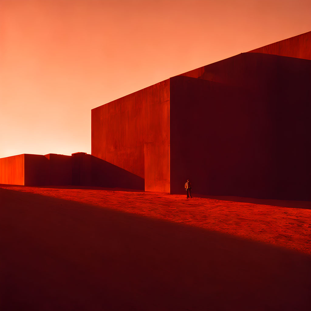 Solitary Figure by Massive Red Walls under Orange Sky