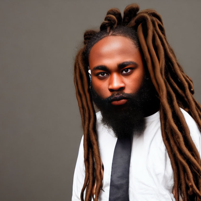 Bearded man with long dreadlocks in white shirt and tie