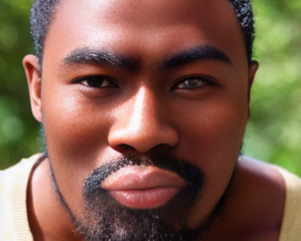 Man with trimmed beard and yellow top in close-up shot