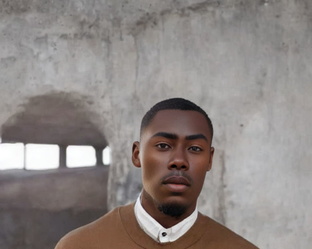 Man in Brown Sweater and White Shirt Standing by Concrete Wall