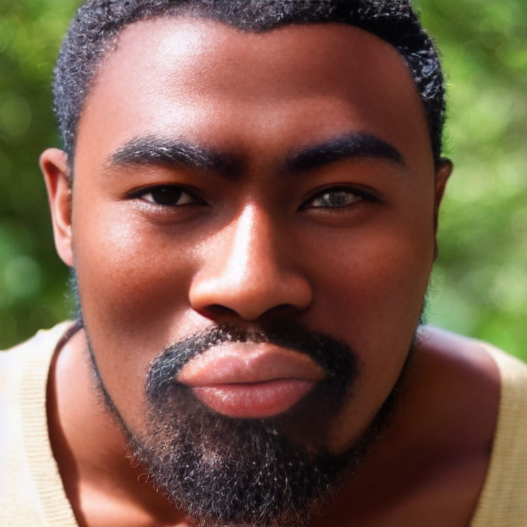 Man with trimmed beard and yellow top in close-up shot