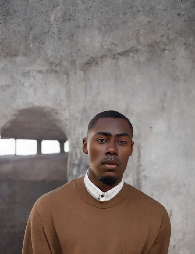 Man in Brown Sweater and White Shirt Standing by Concrete Wall