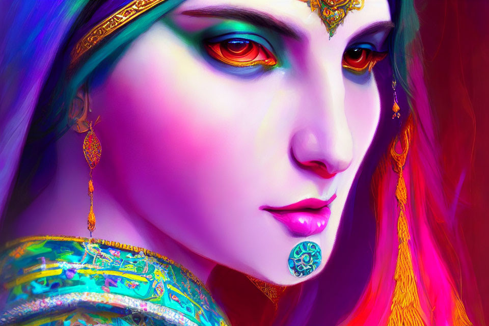 Colorful digital portrait of a woman in red and blue hues, wearing gold jewelry and ethnic attire.