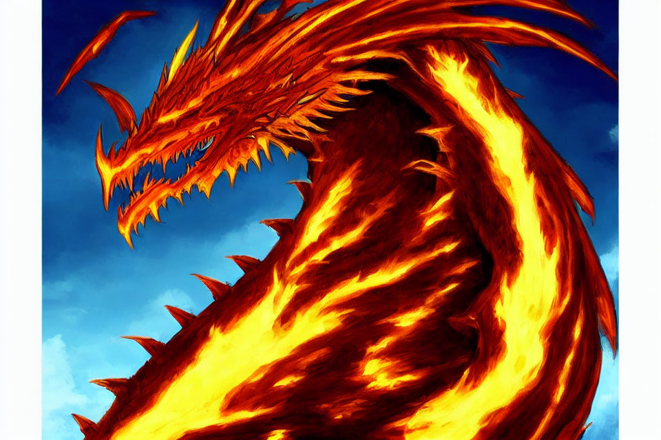 Orange and red dragon with flaming scales against a bright blue sky