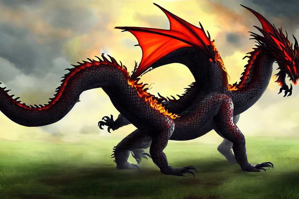 Black and Red Dragon with Fiery Wings and Spikes on Dramatic Sky