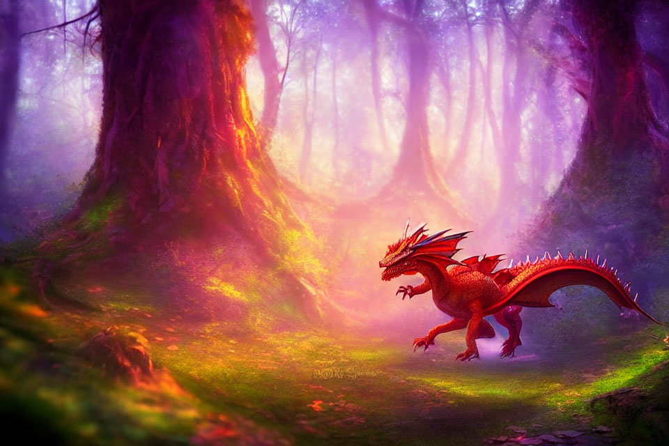 Majestic red dragon in enchanted forest with misty ancient trees