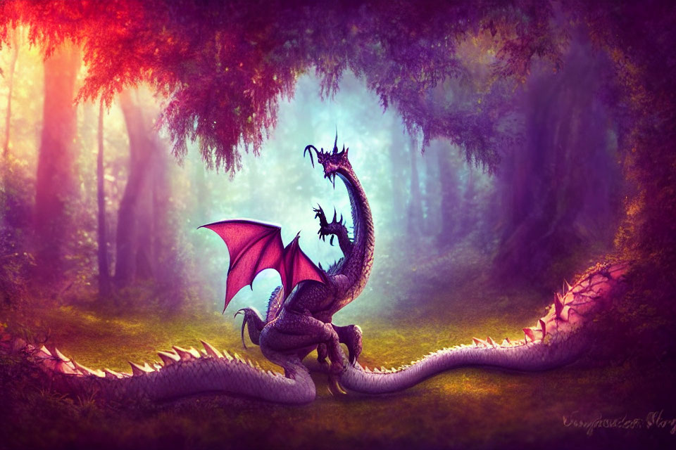 Violet-scaled dragon with crimson wings in enchanted forest