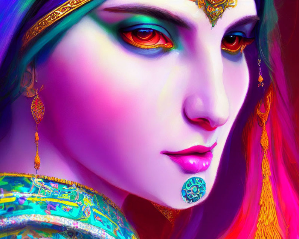 Colorful digital portrait of a woman in red and blue hues, wearing gold jewelry and ethnic attire.