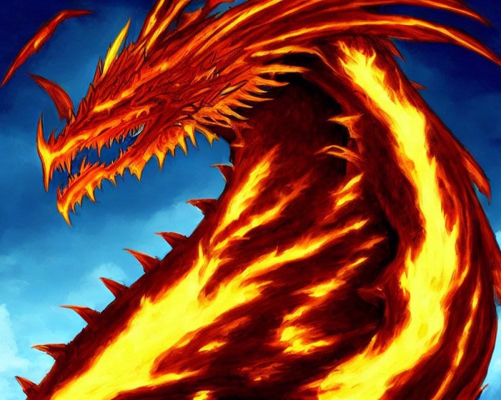 Orange and red dragon with flaming scales against a bright blue sky