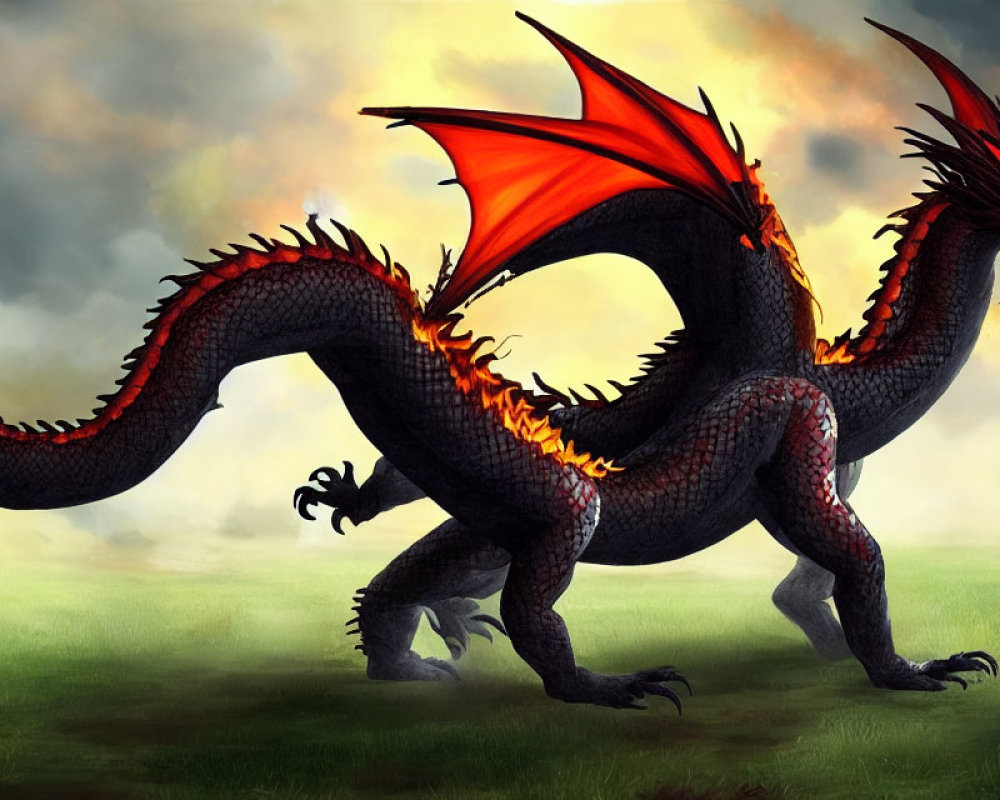 Black and Red Dragon with Fiery Wings and Spikes on Dramatic Sky