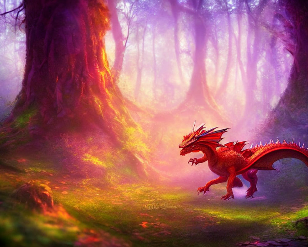 Majestic red dragon in enchanted forest with misty ancient trees