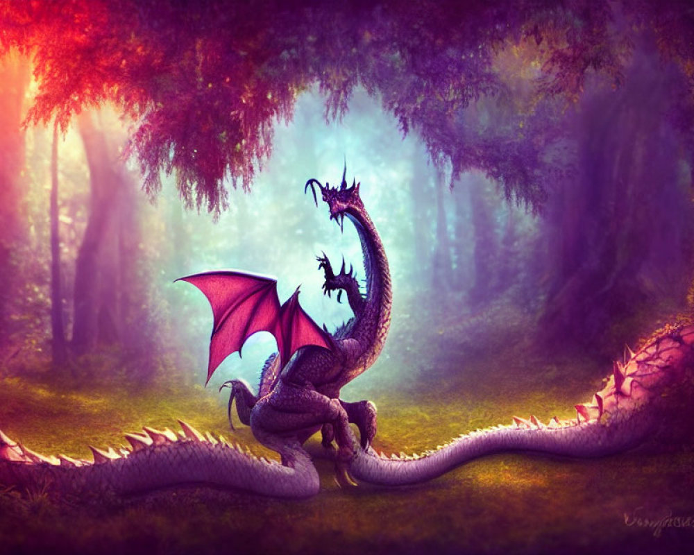 Violet-scaled dragon with crimson wings in enchanted forest