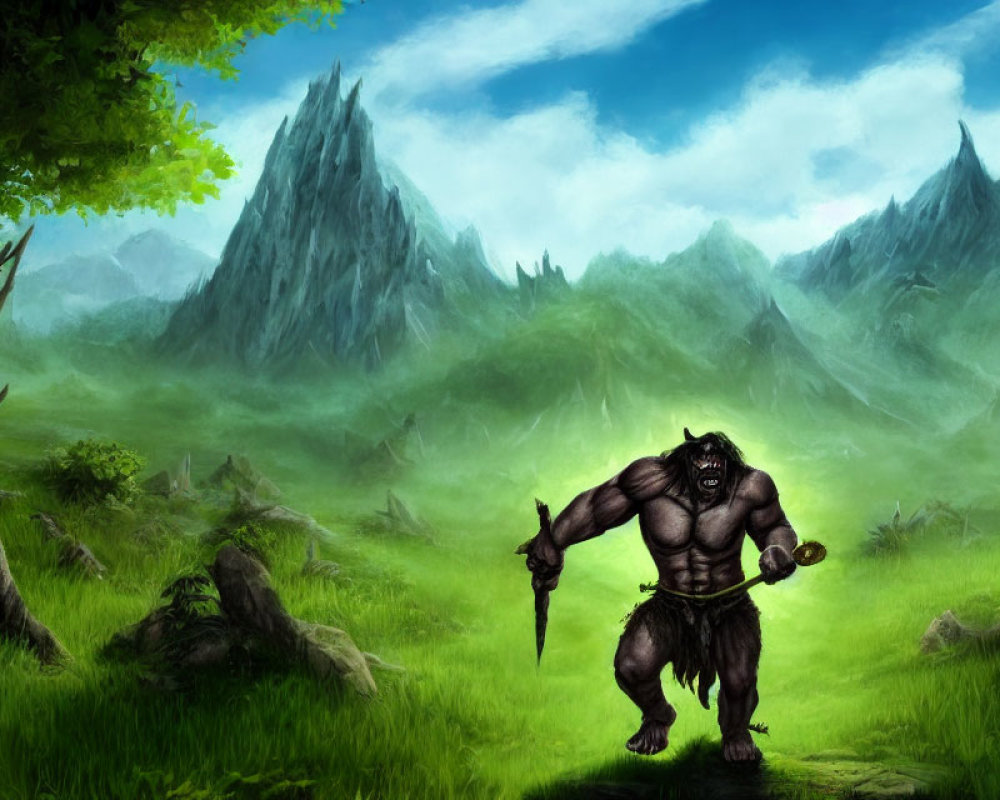 Muscular bipedal wolf creature with spear in lush meadow landscape