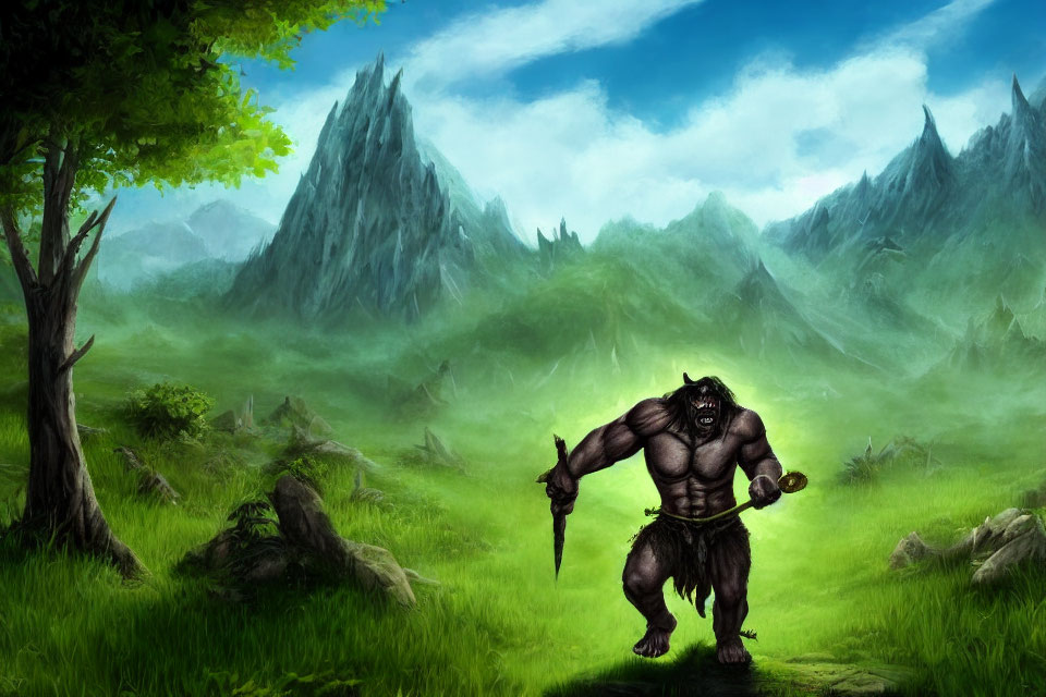 Muscular bipedal wolf creature with spear in lush meadow landscape