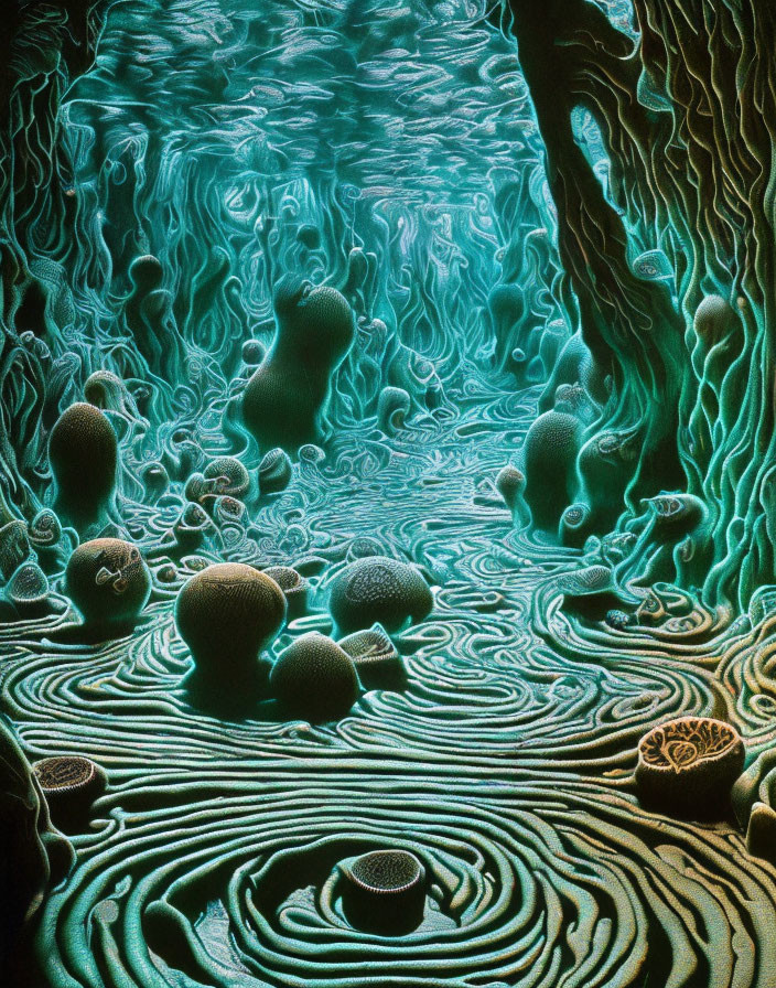 Flowing water patterns, teal hues, and alien-like stone formations in surreal landscape